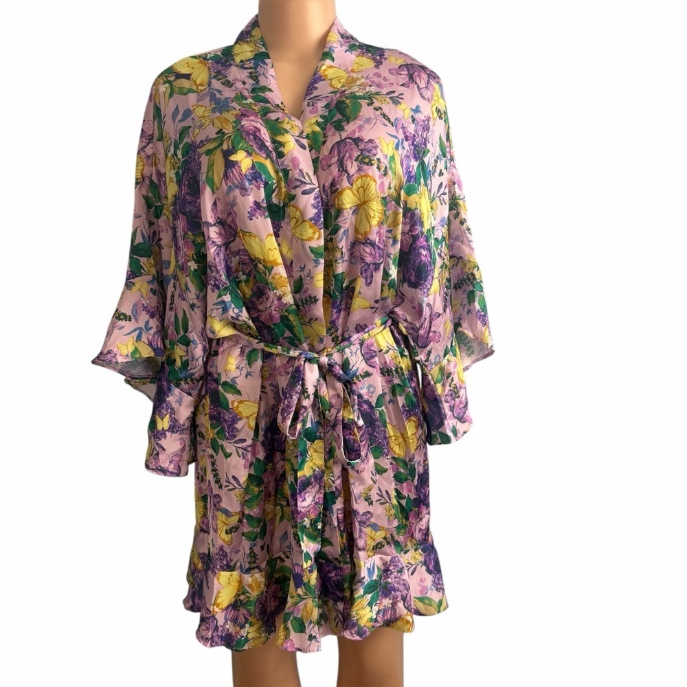 Victoria’s Secret Floral Purple and Yellow Satin Flutter Robe - Picture 6 of 10